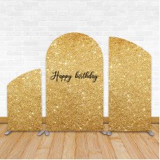 Happy Birthday Golden Shiny Arch Backdrop, Pillow Style Fabric Cover with Frames